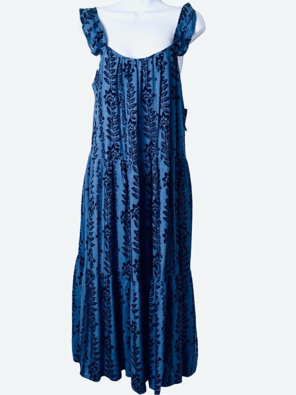 Time and Tru Blue Floral Ruffle-Shoulder Maxi Dress